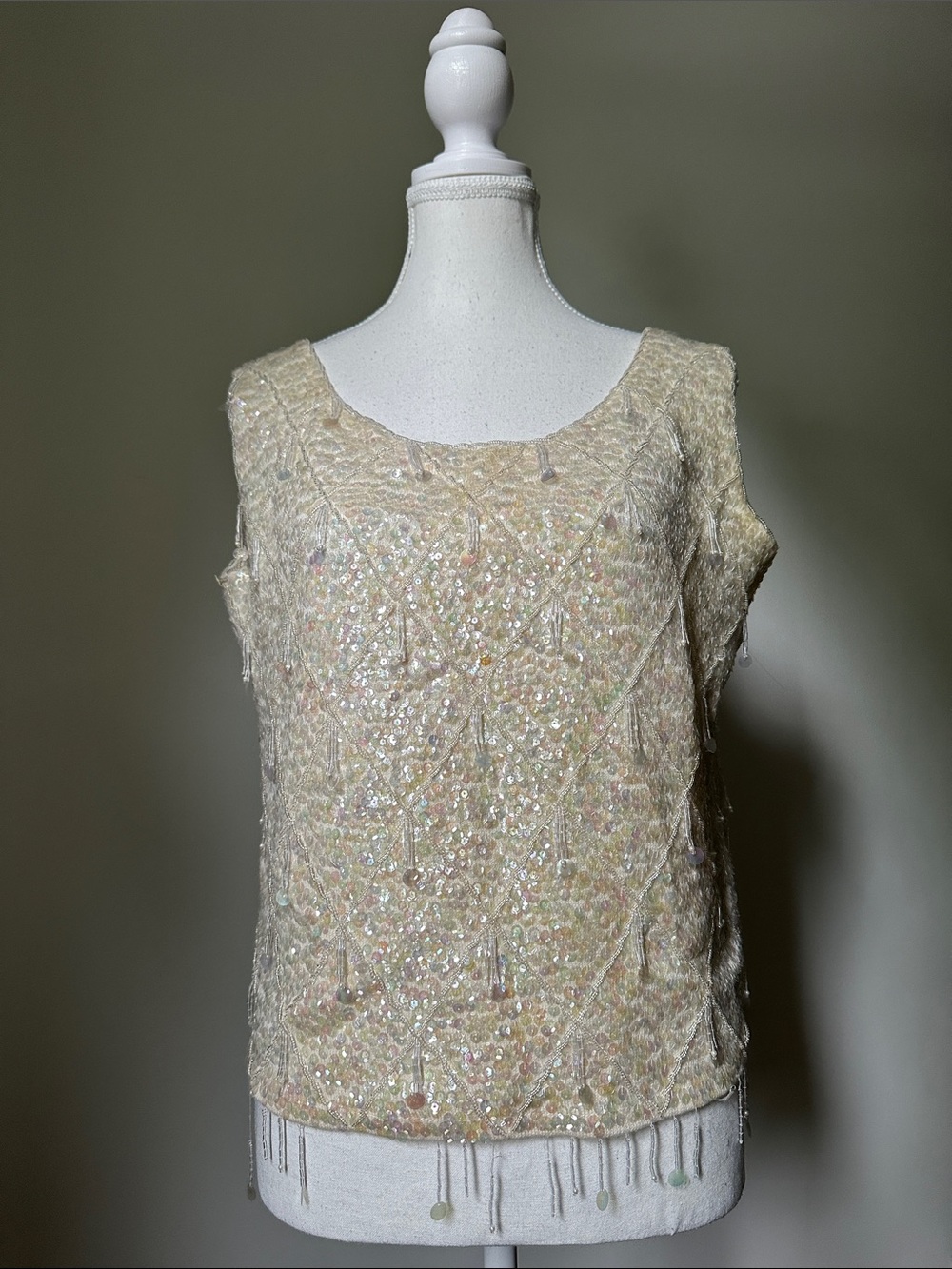 HEFTCO Vintage 50/60s Cream 100% Wool Beaded Sequin Fairy Whimsical Top Large